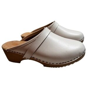 Swedish Clogs White Leather Wood Heel Slip On Women's Size 38